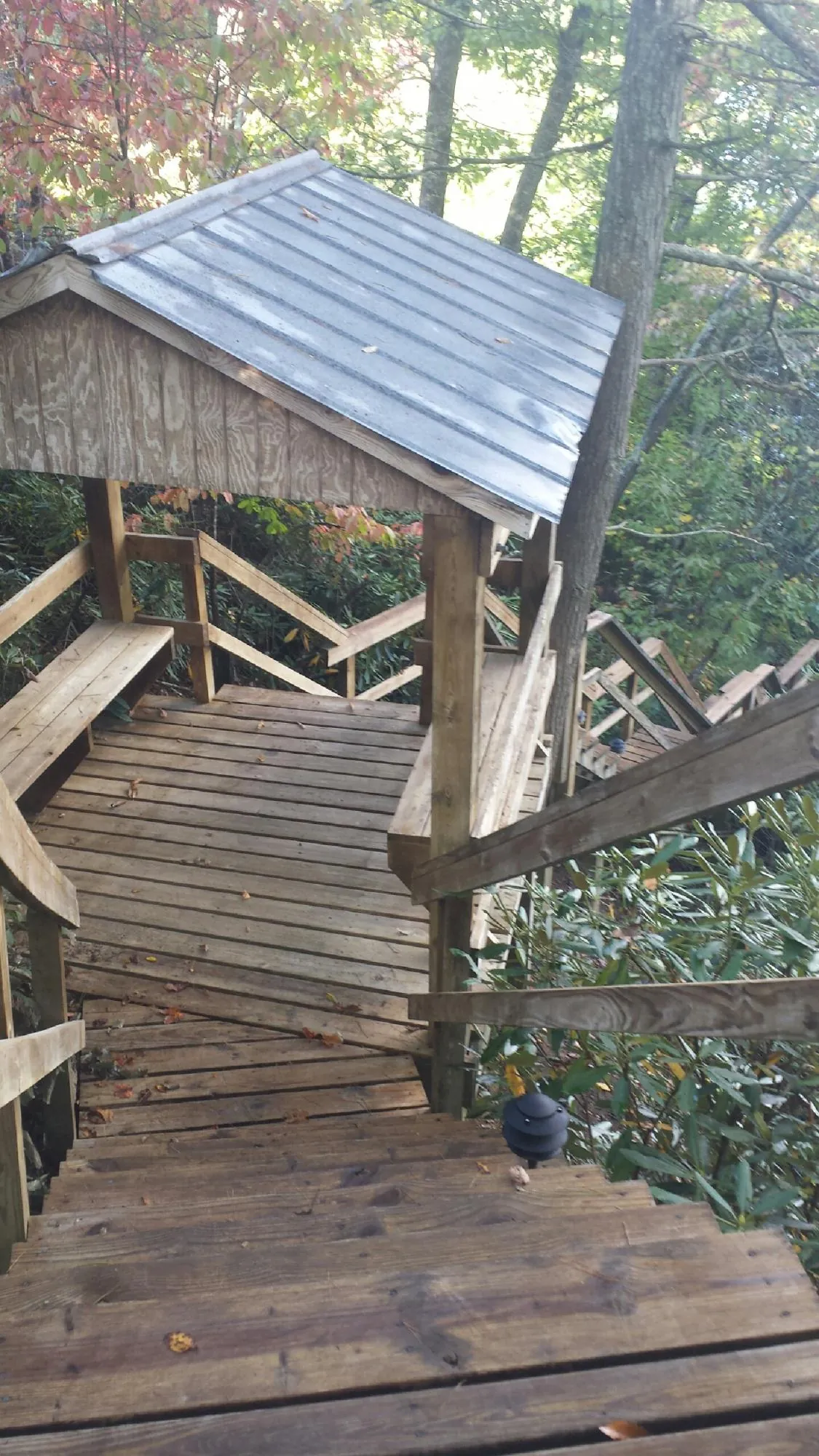 Metal roofed shelter over wooden steps on a wooded walkway — Skylight Repair & Installation work by our crew in Saint Leonard